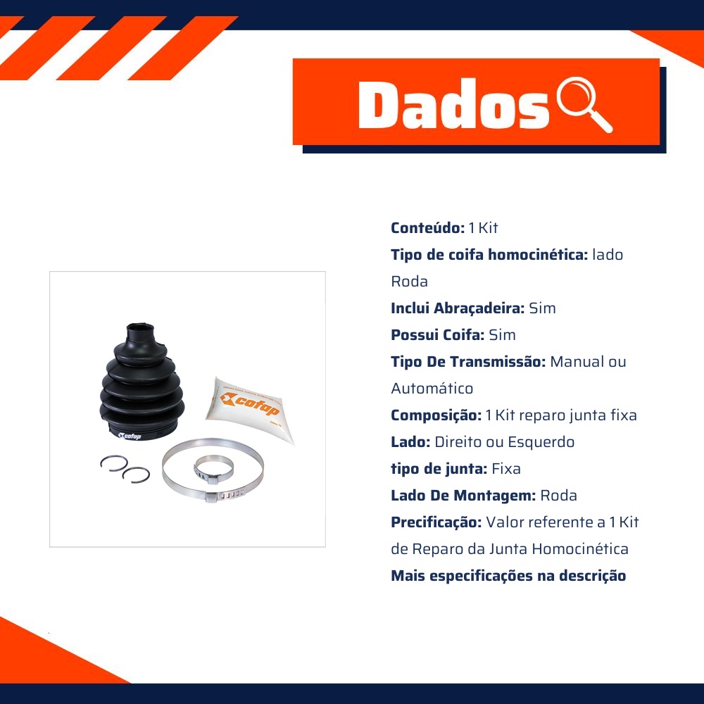 Kit Reparo Junta Fixa Dianteira Roda Manual Automática com Coifa para Honda FIT - Cofap - KJH10204