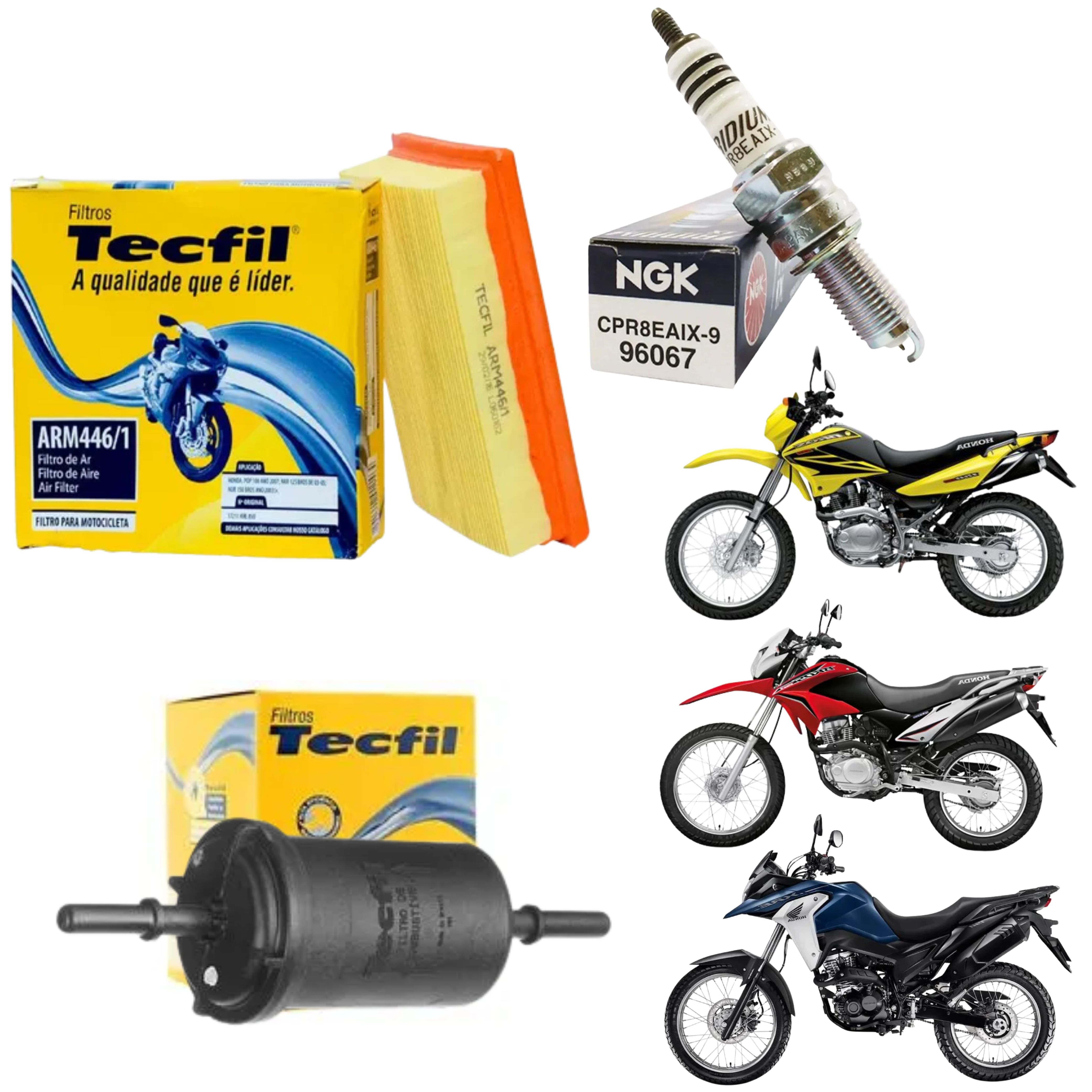 Kit Vela  Iridium + Filtro de Ar + Filtro Combustível NXR Bross 150 160 XRE 190 Injeção - NGK / Tecfil