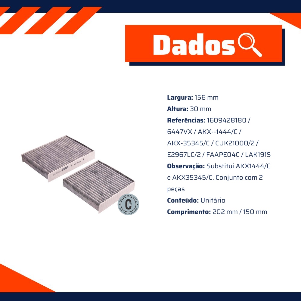 FIltro de Ar Condicionado Cabine com Carvão Ativado - Wega - AKX-35345/C-2