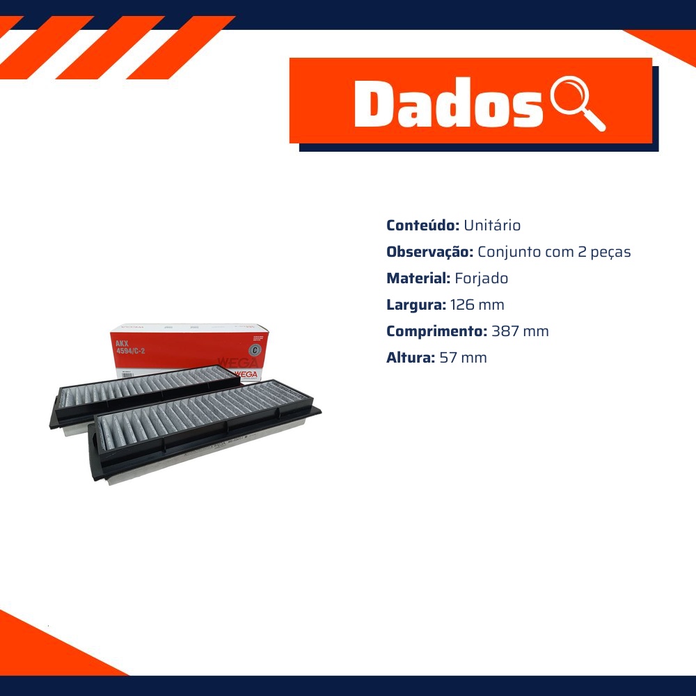 Par FIltro de Ar Condicionado Cabine com Carvão Ativado - Wega - AKX-4594/C-2