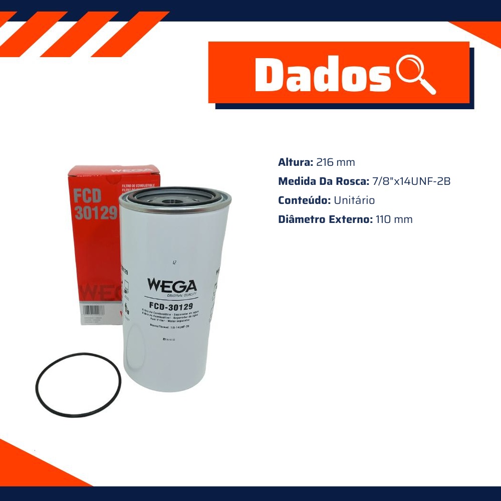 Filtro de Combustível Separador de Água sem Copo - Wega - FCD-30129