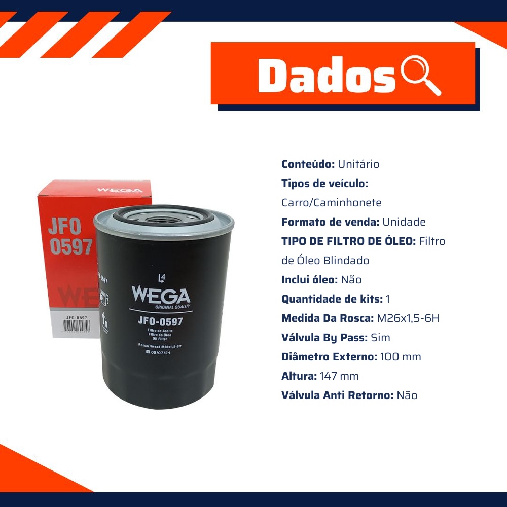 Filtro Blindado de Óleo Lubrificante - Wega - JFO-0597