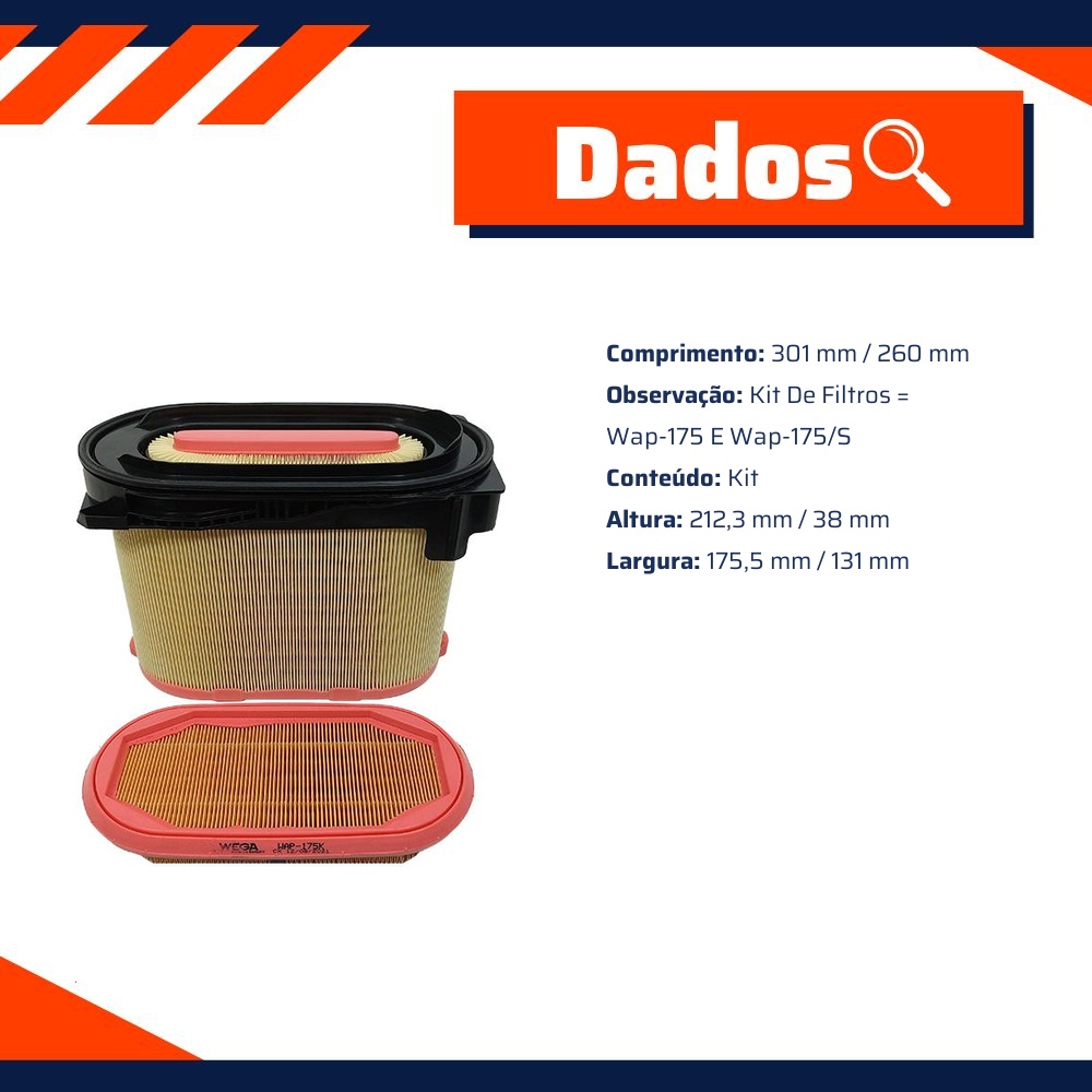 Filtro de Ar Primário e Secundário do Motor - Wega - WAP-175K