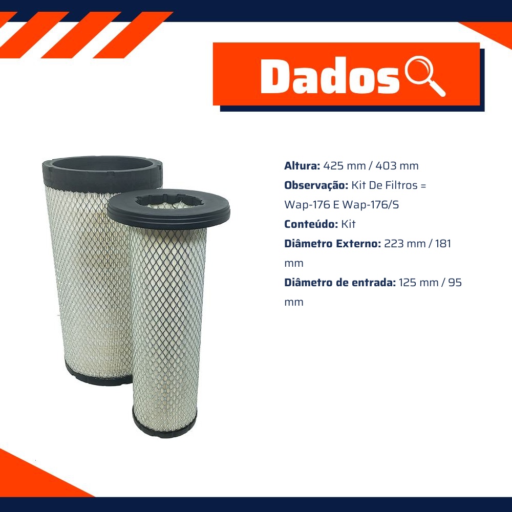 Filtro de Ar Primário e Secundário do Motor - Wega - WAP-176K
