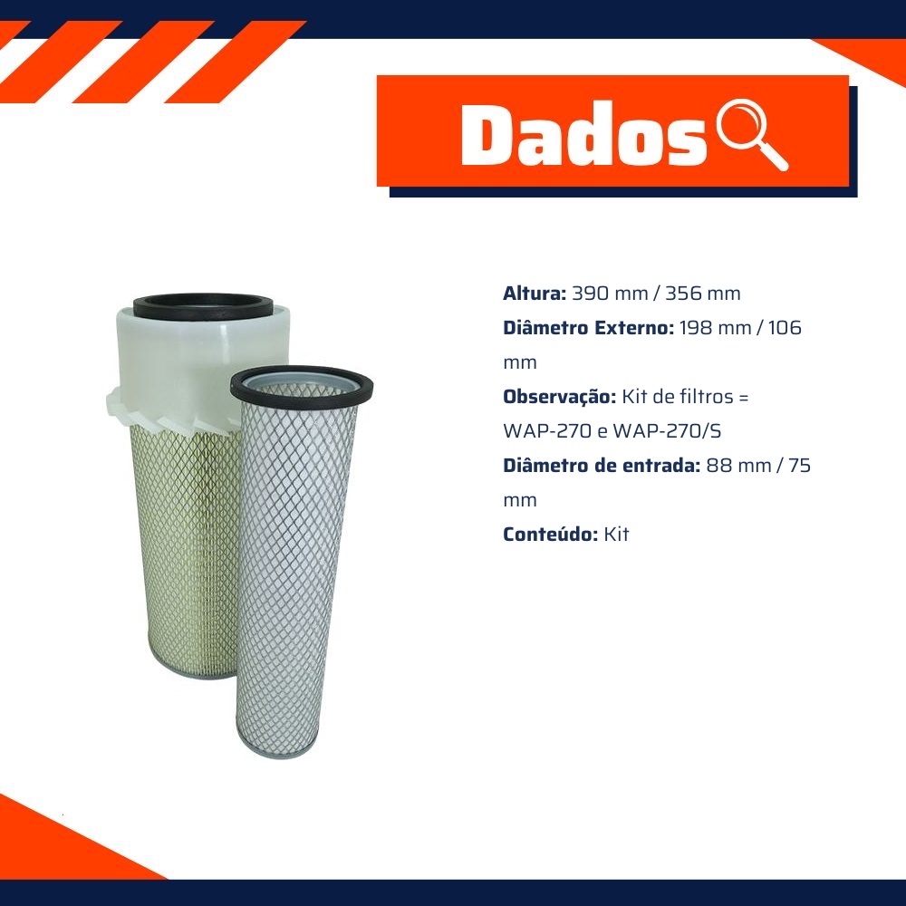 Filtro de Ar Primário e Secundário do Motor - Wega - WAP-270K