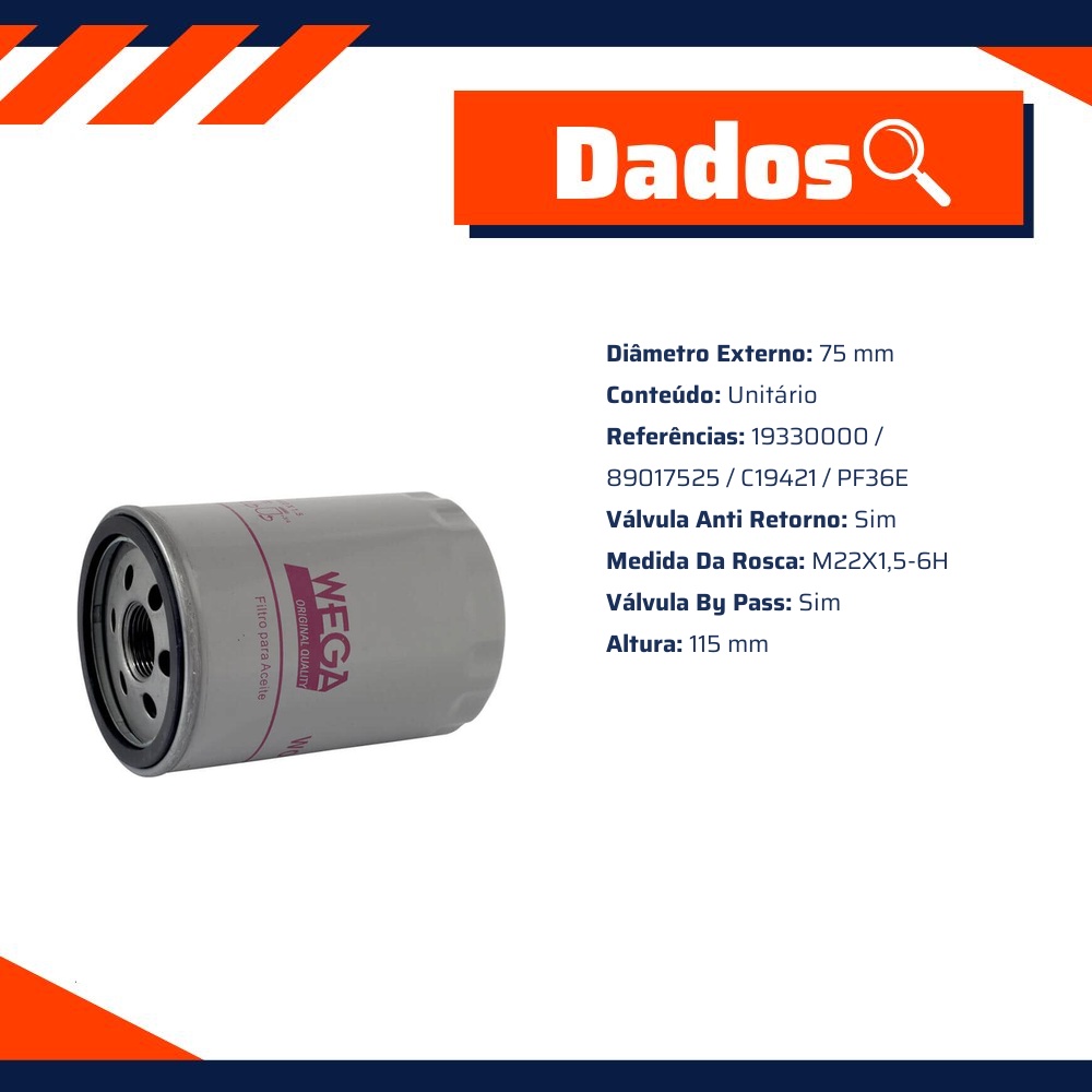 Filtro Blindado de Óleo Lubrificante para Chevrolet Captiva - Wega - WO-136