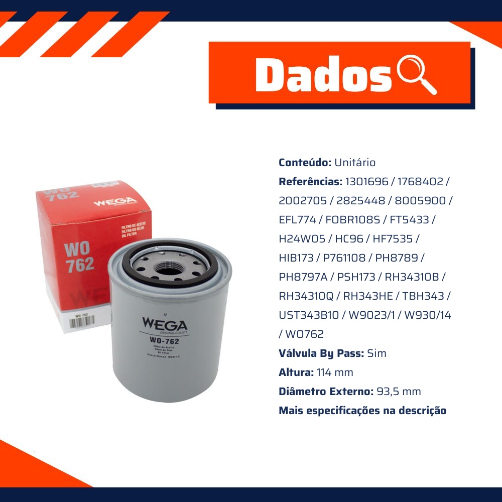 Filtro Blindado de Óleo Lubrificante para Scania K114 e K94 - Wega - WO-762