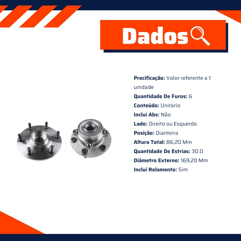 Cubo de Roda Dianteiro 6 Furos com Rolamento sem ABS para Mitsubishi Pajero Full e Pajero Sport - Fremax - FWB0748