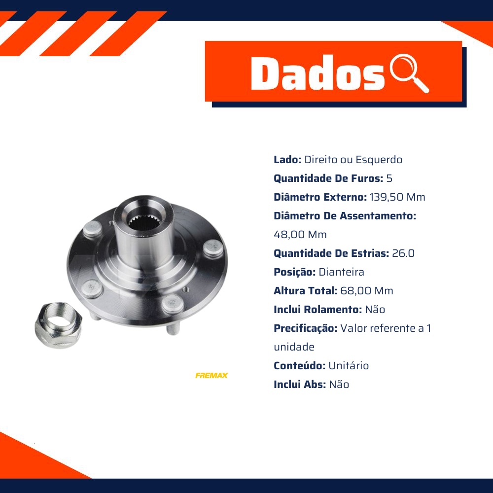 Cubo de Roda Dianteiro 5 Furos sem Rolamento sem ABS para Honda Accord e Civic - Fremax - FWB0700