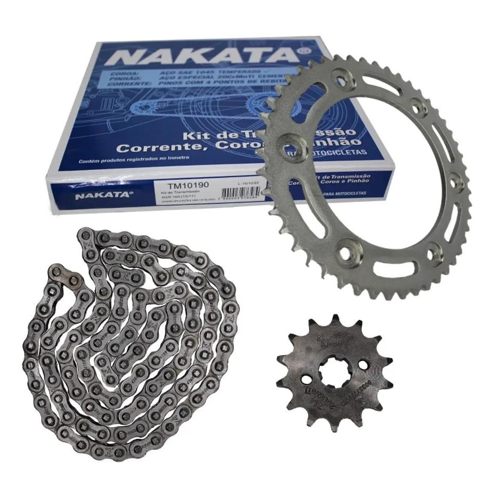 Kit da Coroa Pinhão e Corrente para Honda NXR 160 BROS e XRE 190 - Nakata - TM10190