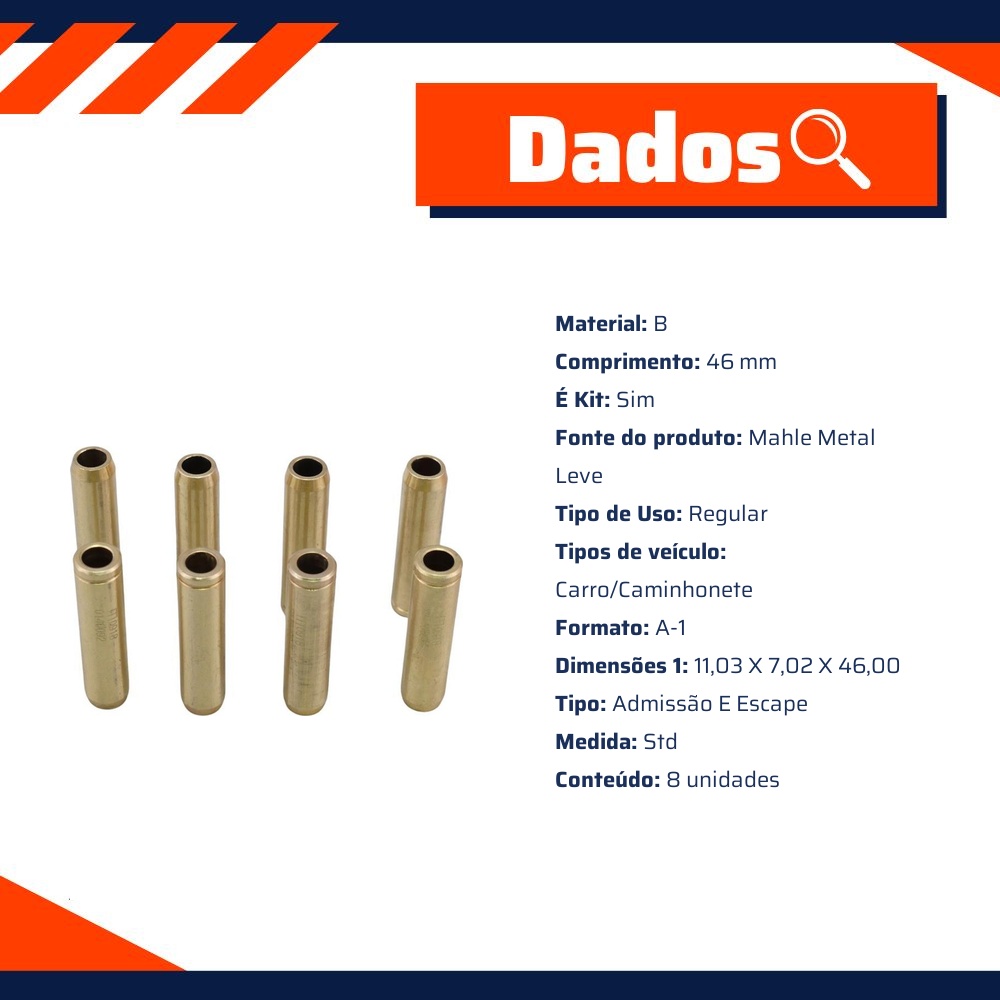 8 Guias de Válvula Comum de Admissão e Escape Std - Mahle Metal Leve - GC0140092 STD