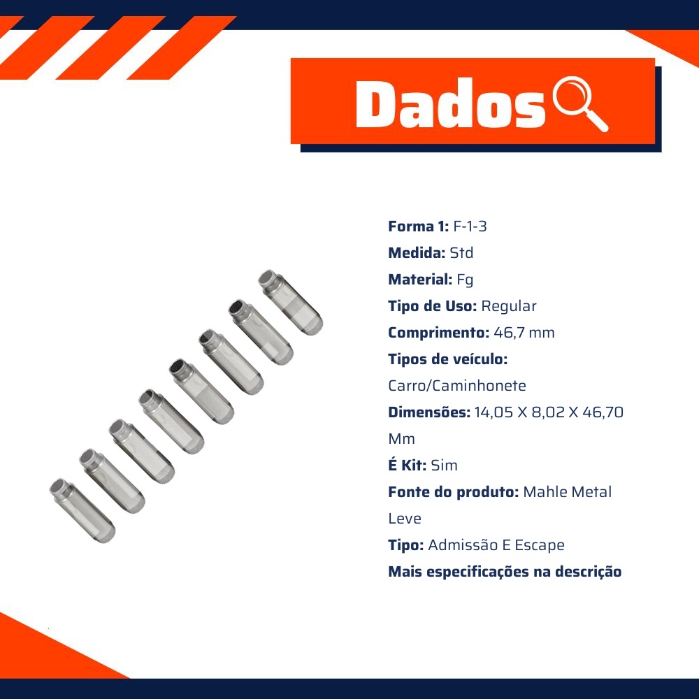 8 Guias de Válvula Comum de Admissão e Escape Std - Mahle Metal Leve - GC0250028 STD