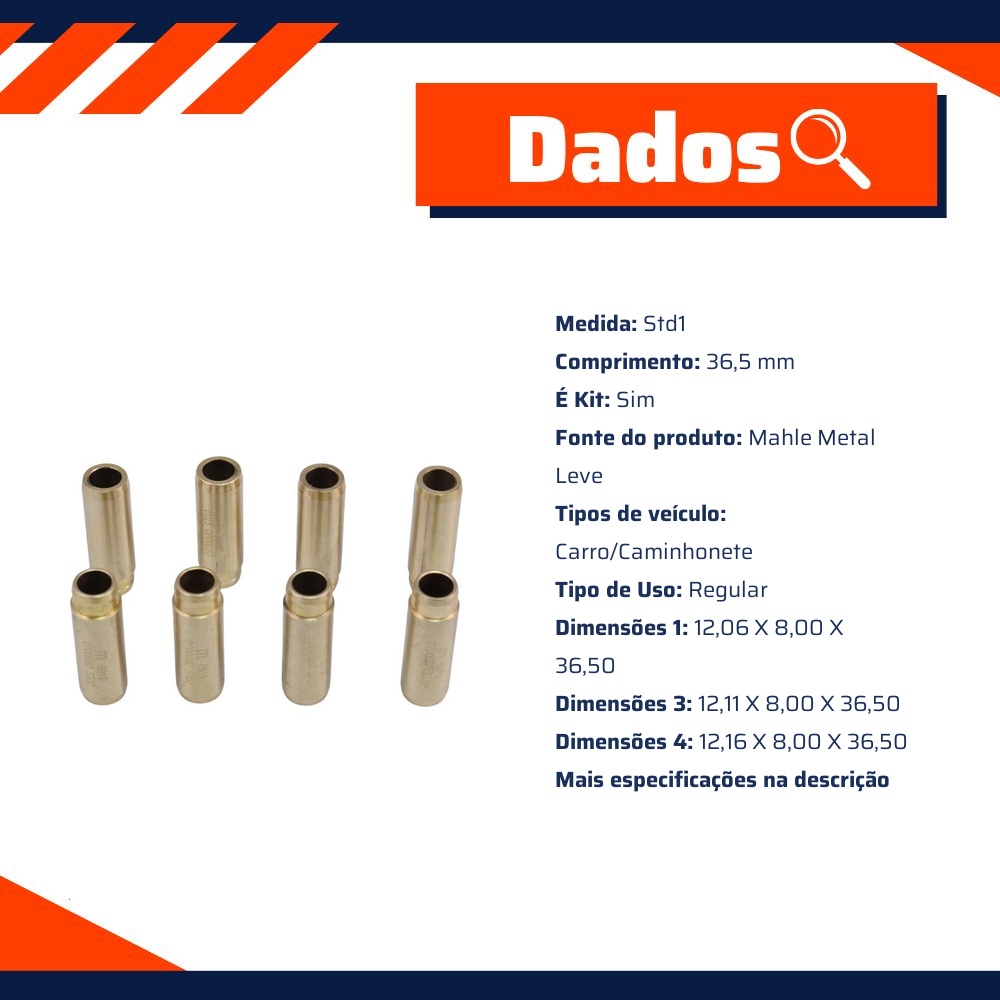 8 Guias de Válvula Comum de Admissão e Escape Std1 - Mahle Metal Leve - GC0700080 STD1
