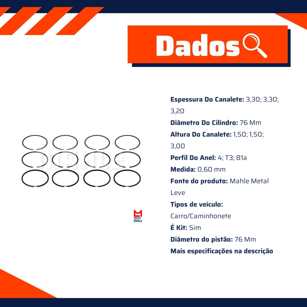 Jogo de Anéis do Pistão 0,60 4 Cilindros - Mahle Metal Leve - SNA.6983 0,60
