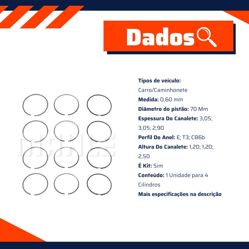 Jogo de Anéis do Pistão 0,60 4 Cilindros - Mahle Metal Leve - STA7508 0,60