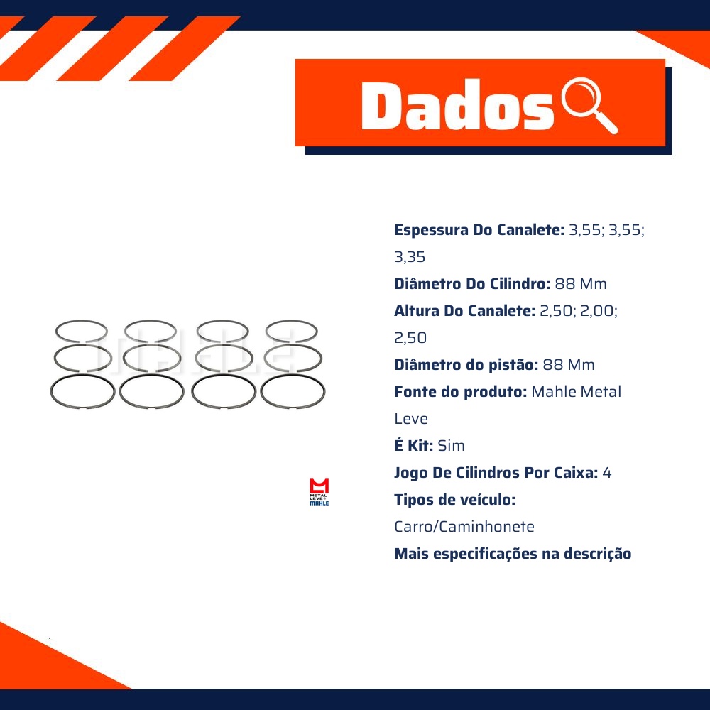 Jogo de Anéis do Pistão STD 4 Cilindros - Mahle Metal Leve - DC.9098 STD