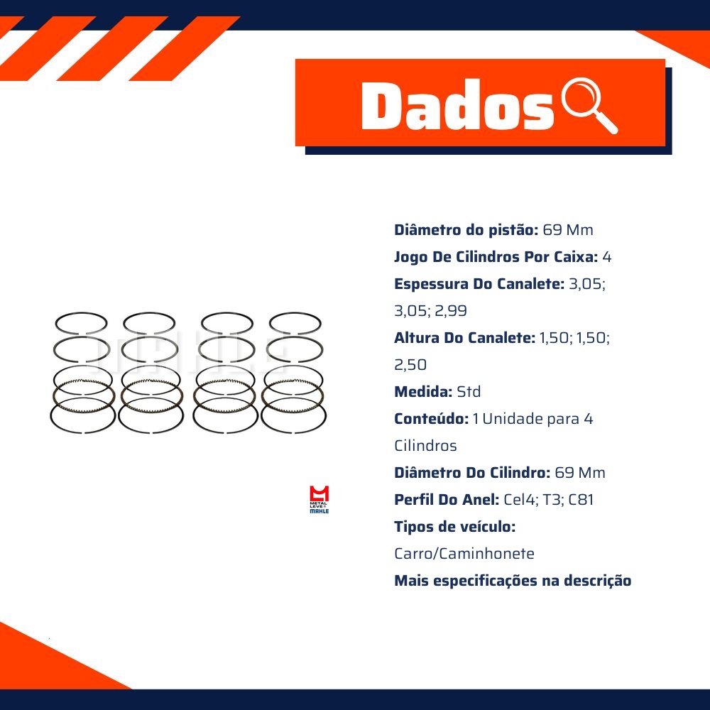 Jogo de Anéis do Pistão STD 4 Cilindros - Mahle Metal Leve - DA.7962 STD