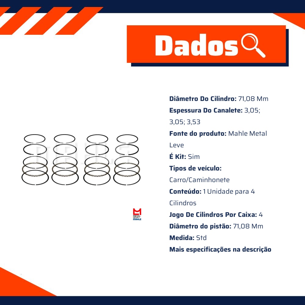 Jogo de Anéis do Pistão STD 4 Cilindros - Mahle Metal Leve - SDA7092 STD