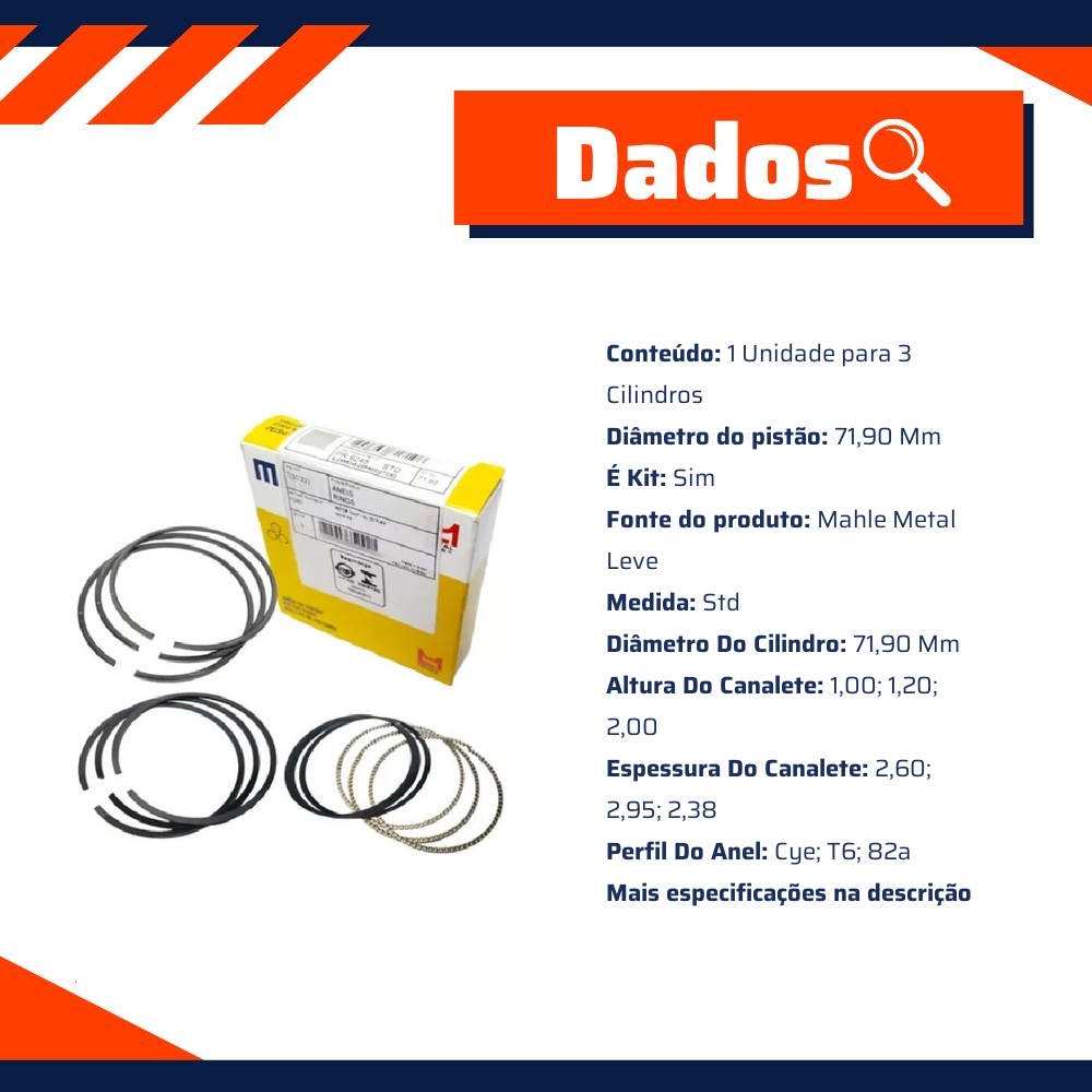 Jogo de Anéis do Pistão STD 3 Cilindros para Ford Ka e Ka Sedan - Mahle Metal Leve - PR.9245 STD
