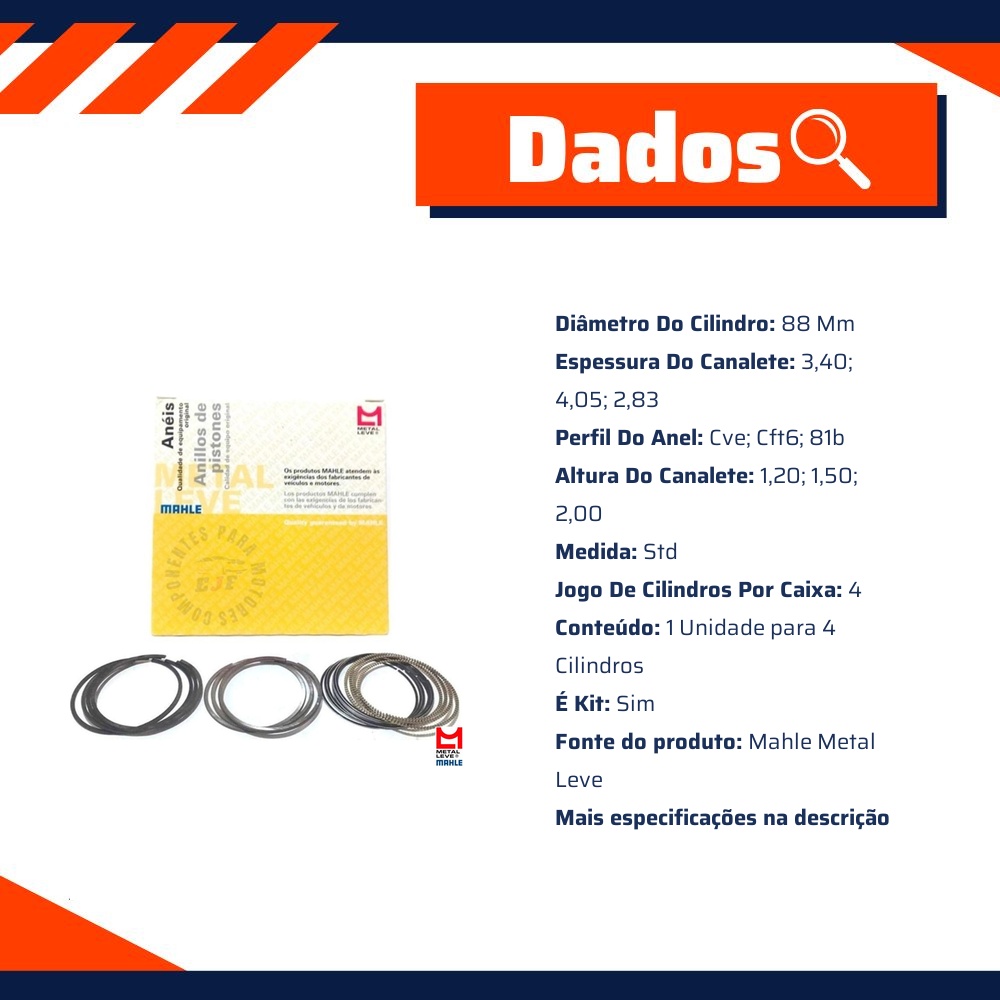Jogo de Anéis do Pistão STD 4 Cilindros para Chevrolet S10 - Mahle Metal Leve - PA.9367 STD