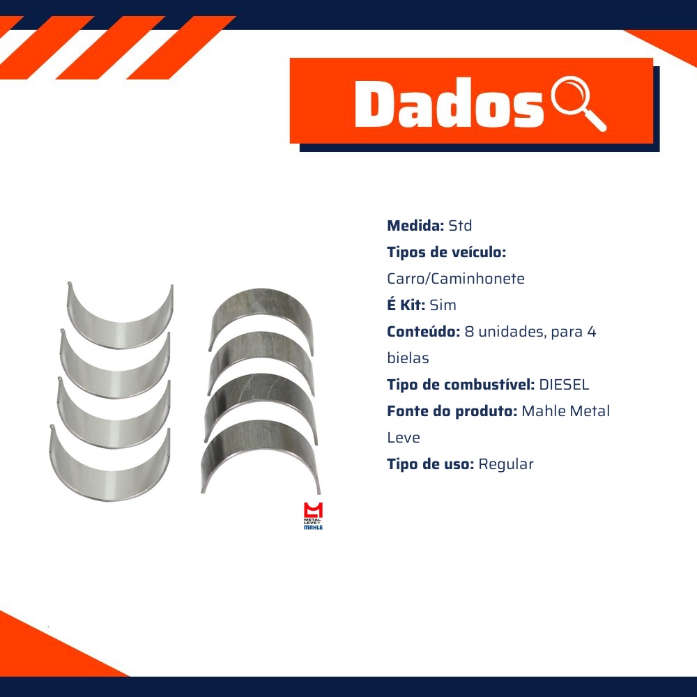 Jogo de Bronzina de Biela STD para Hyundai HR e Mitsubishi L200 - Mahle Metal Leve - BB-765-J STD