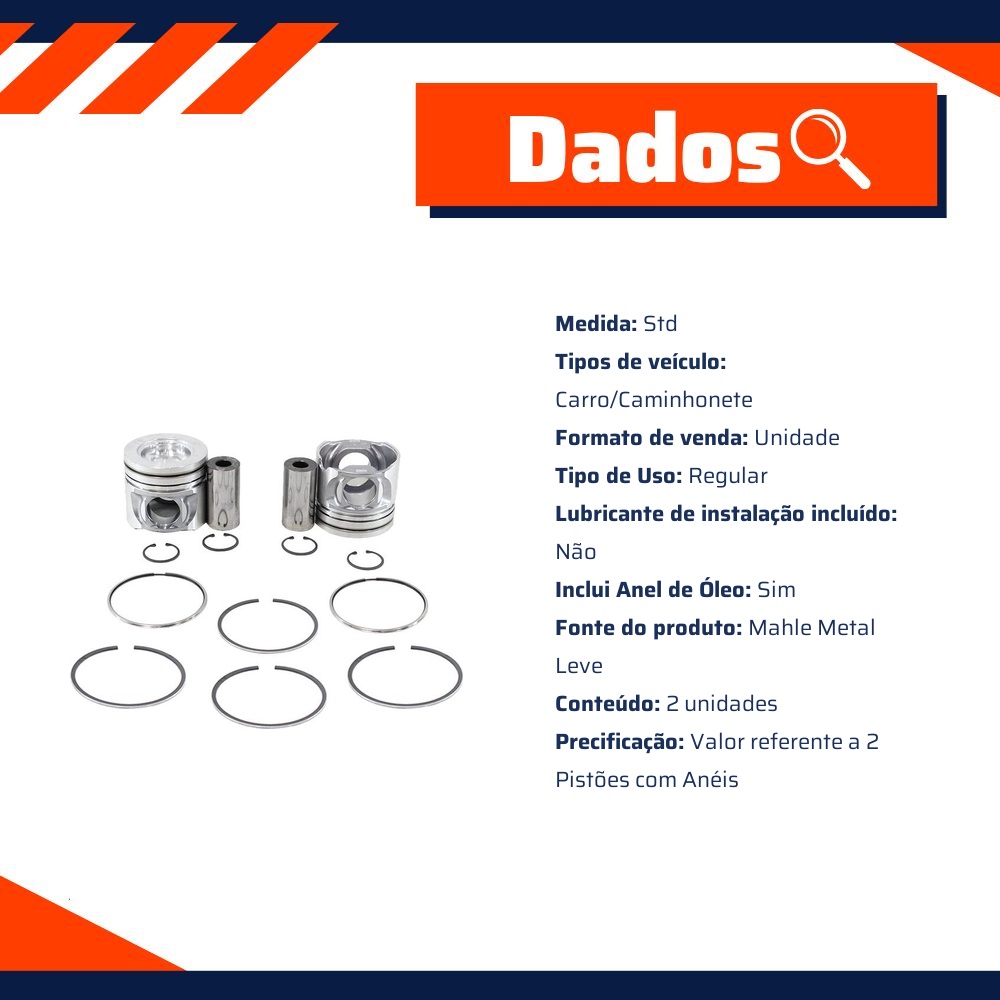 Jogo com 2 Pistões com Anéis STD para Troller T4 - Mahle Metal Leve - P&A9729 STD
