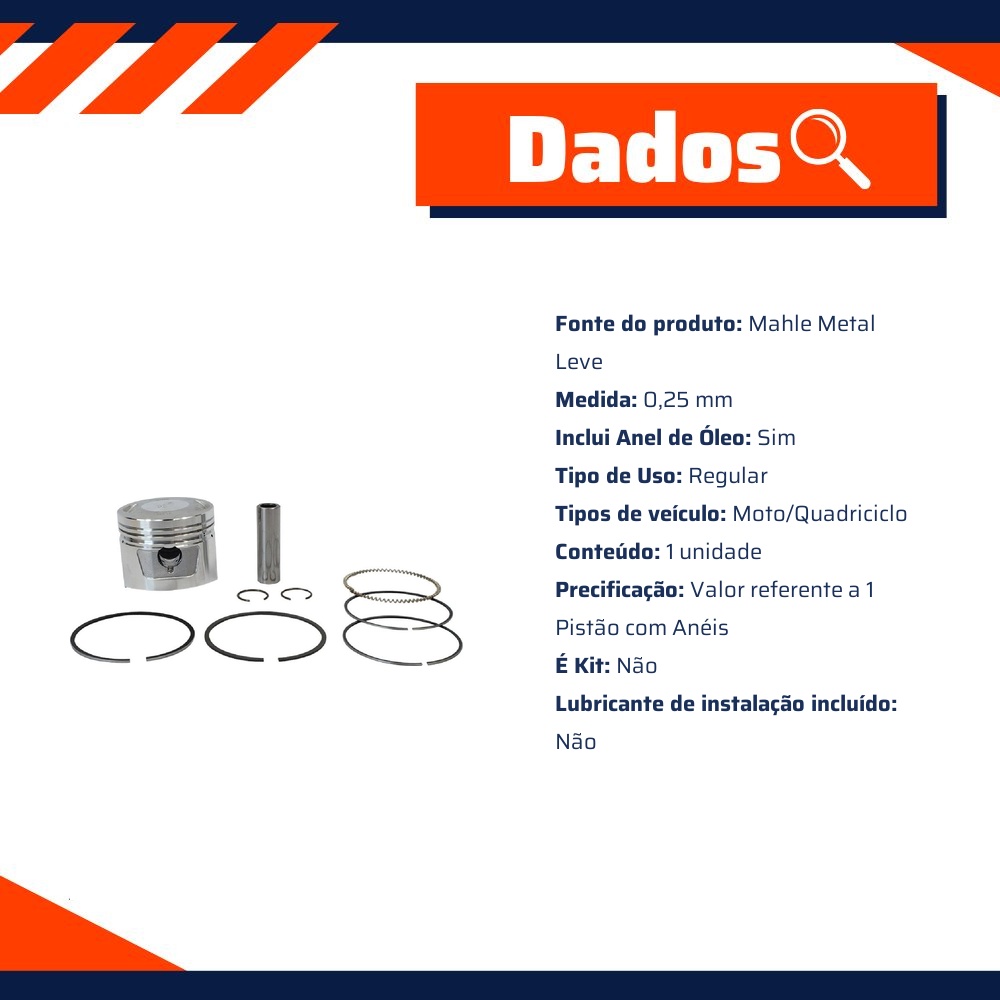 Pistão Com Anéis 0,25 - Mahle Metal Leve - P&A9796 0,25