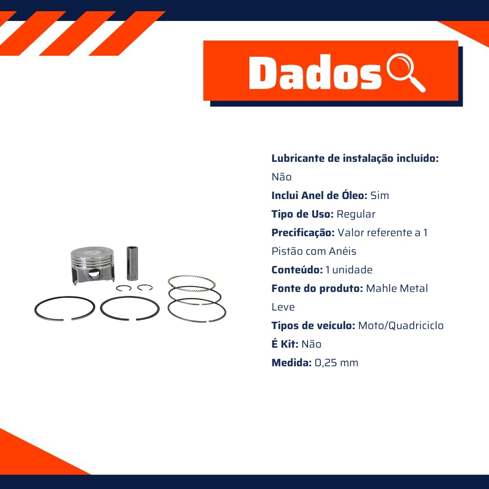Pistão com Anéis 0,25 para Suzuki Burgman AN 125 - Mahle Metal Leve - P&A9818 0,25