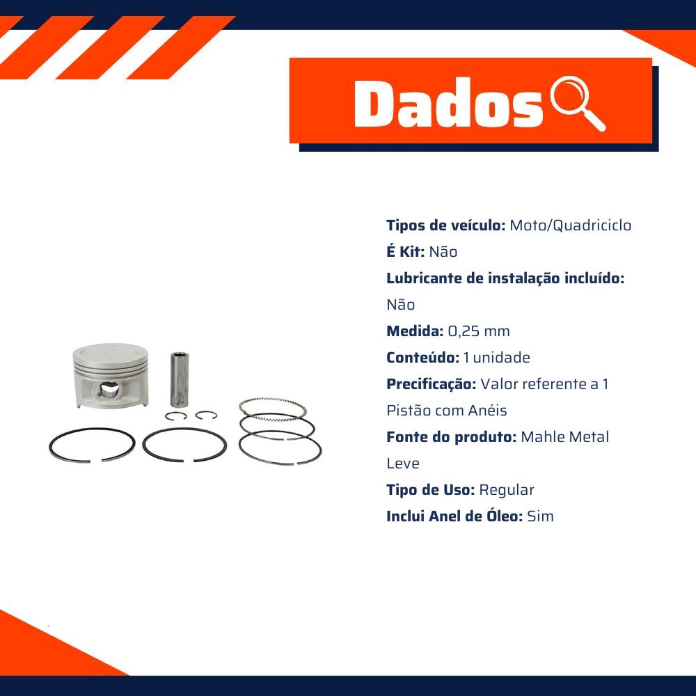 Pistão com Anéis 0,25 para Suzuki Intruder 125 e YES 125 - Mahle Metal Leve - P&A9823 0,25