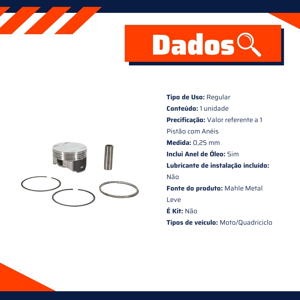 Pistão com Anéis 0,25 para Honda CB 250 Twister e CRF 250F - Mahle Metal Leve - P&A9870 0,25