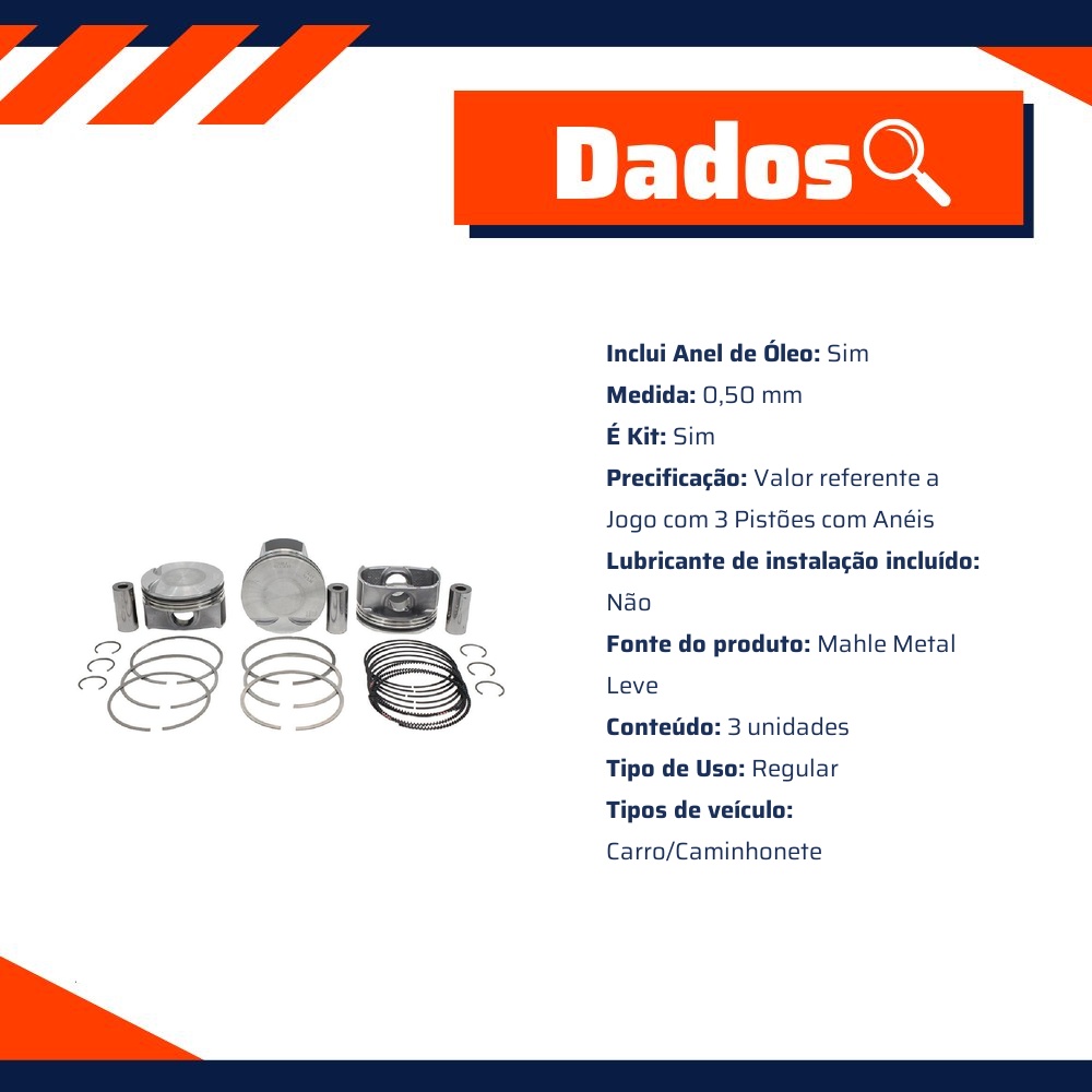 Jogo com 3 Pistões com Anéis 0,50 - Mahle Metal Leve - P&A9814 0,50