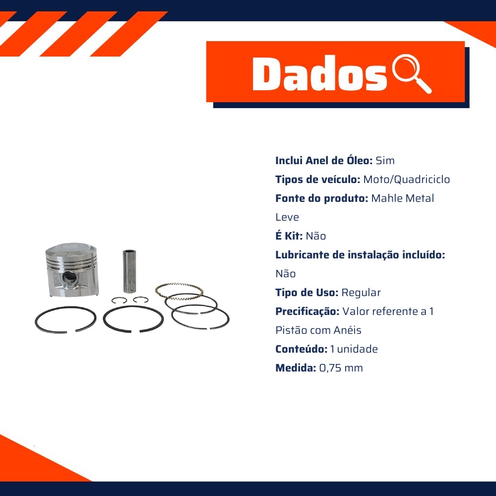 Pistão Com Anéis 0,75 - Mahle Metal Leve - P&A1367 0,75