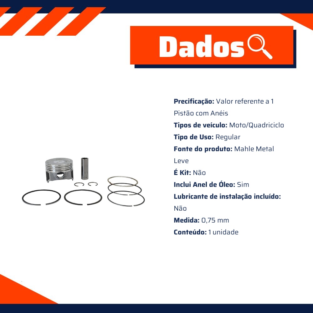 Pistão com Anéis 0,75 para Suzuki Burgman AN 125 - Mahle Metal Leve - P&A9818 0,75