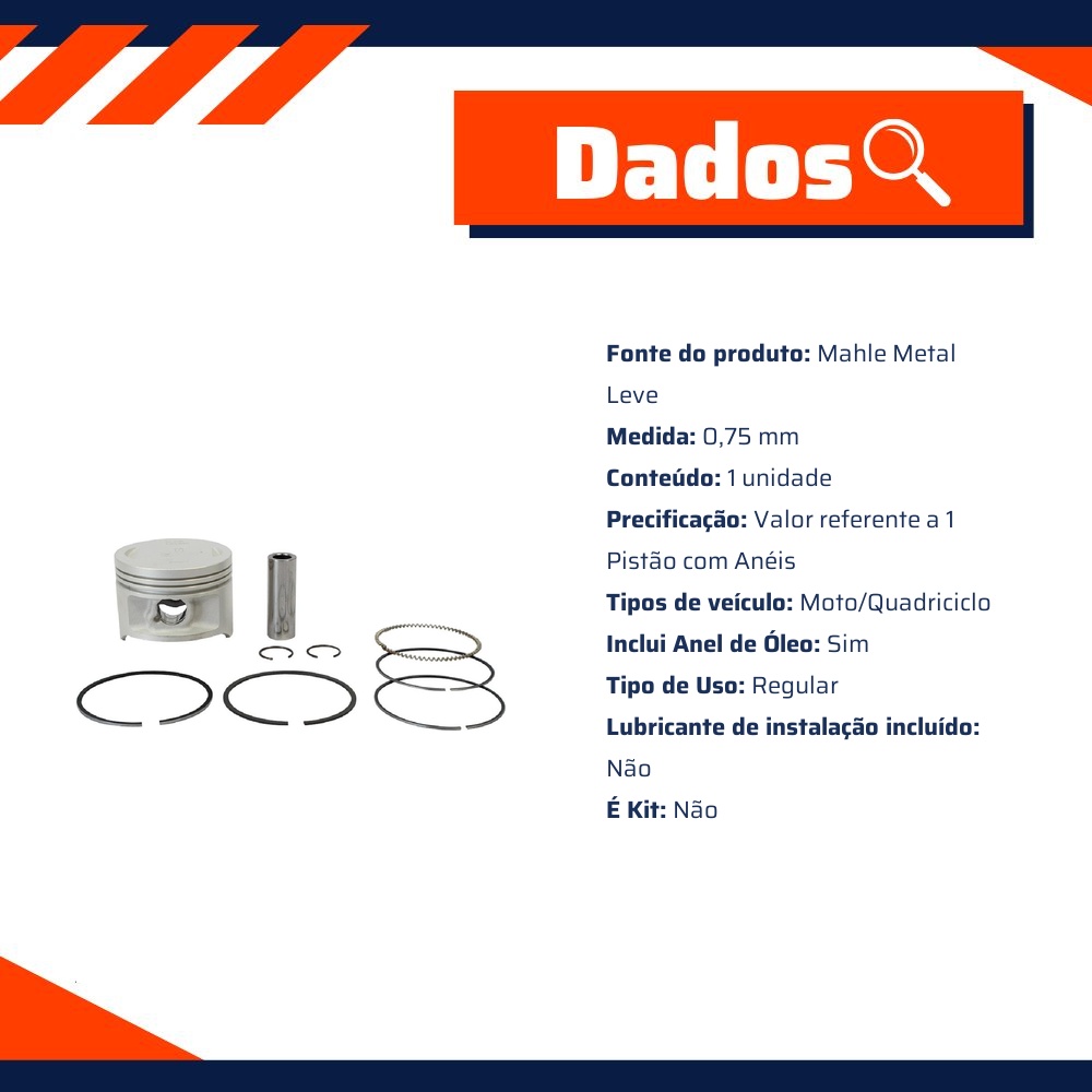Pistão com Anéis 0,75 para Suzuki Intruder 125 e YES 125 - Mahle Metal Leve - P&A9823 0,75