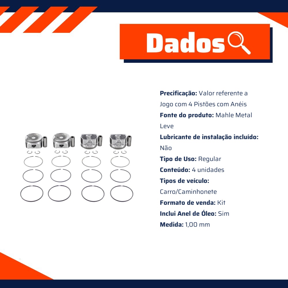 Jogo com 4 Pistões com Anéis 1,00 para Toyota Corolla e Fielder - Mahle Metal Leve - P&A9660 1,00