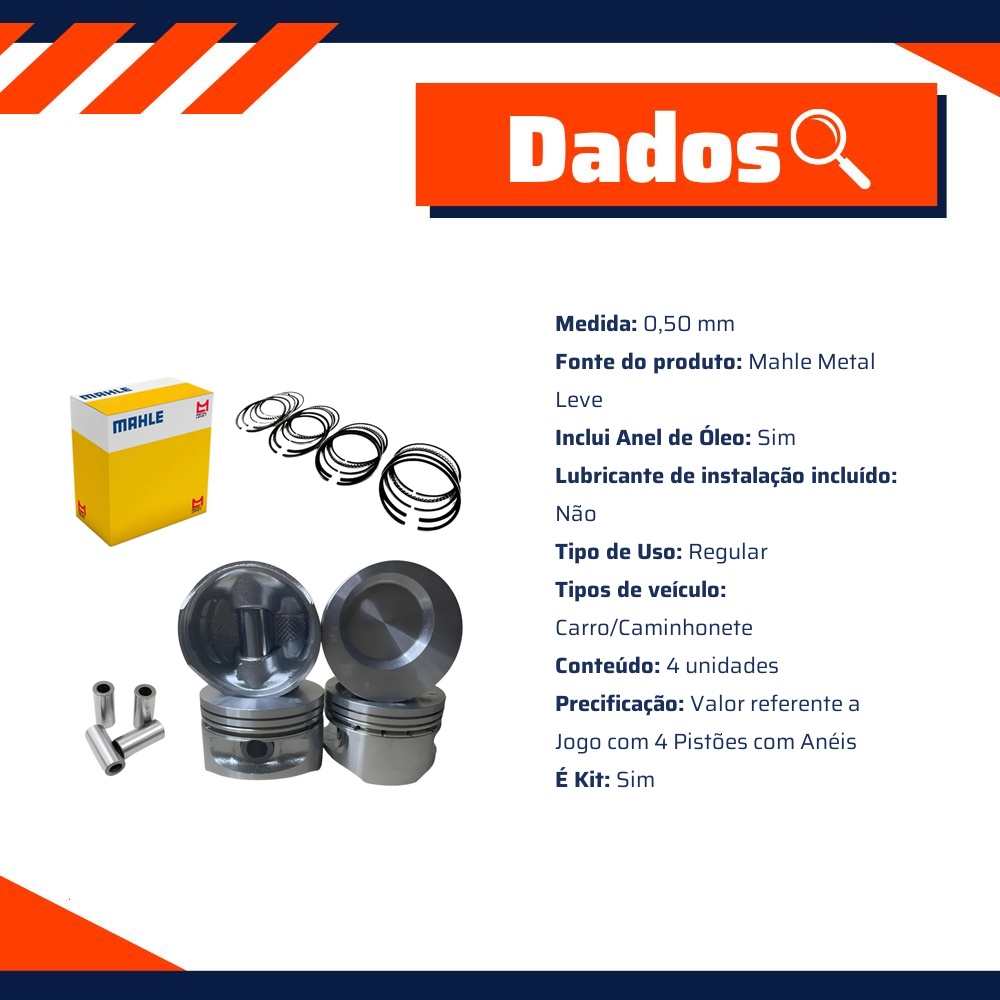 Jogo com 4 Pistões com Anéis SPA 0,50 - Mahle Metal Leve - SP&A2070 0,50 SPA
