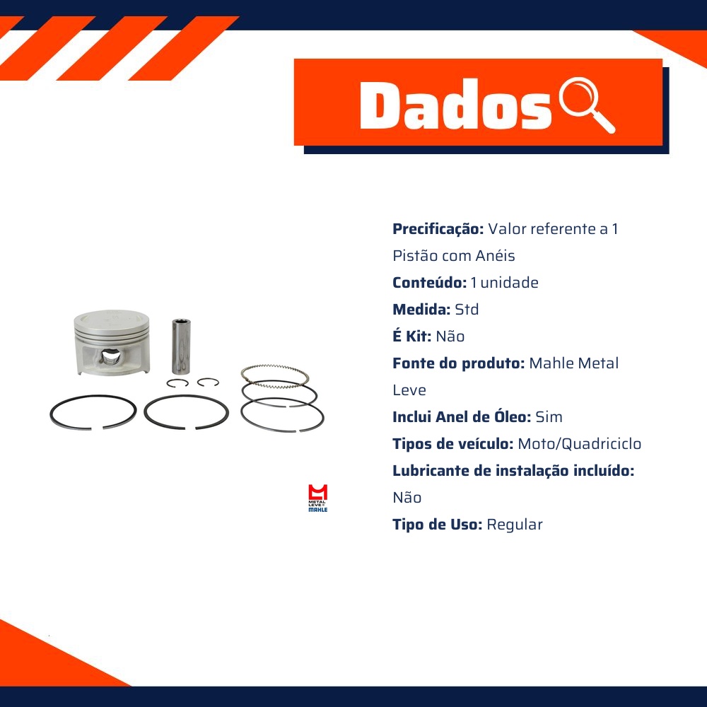 Pistão com Anéis STD para Suzuki Intruder 125 e YES 125 - Mahle Metal Leve - P&A9823 STD