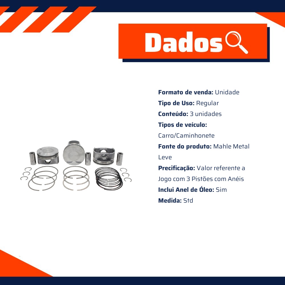 Jogo com 3 Pistões com Anéis STD - Mahle Metal Leve - P&A9814 STD