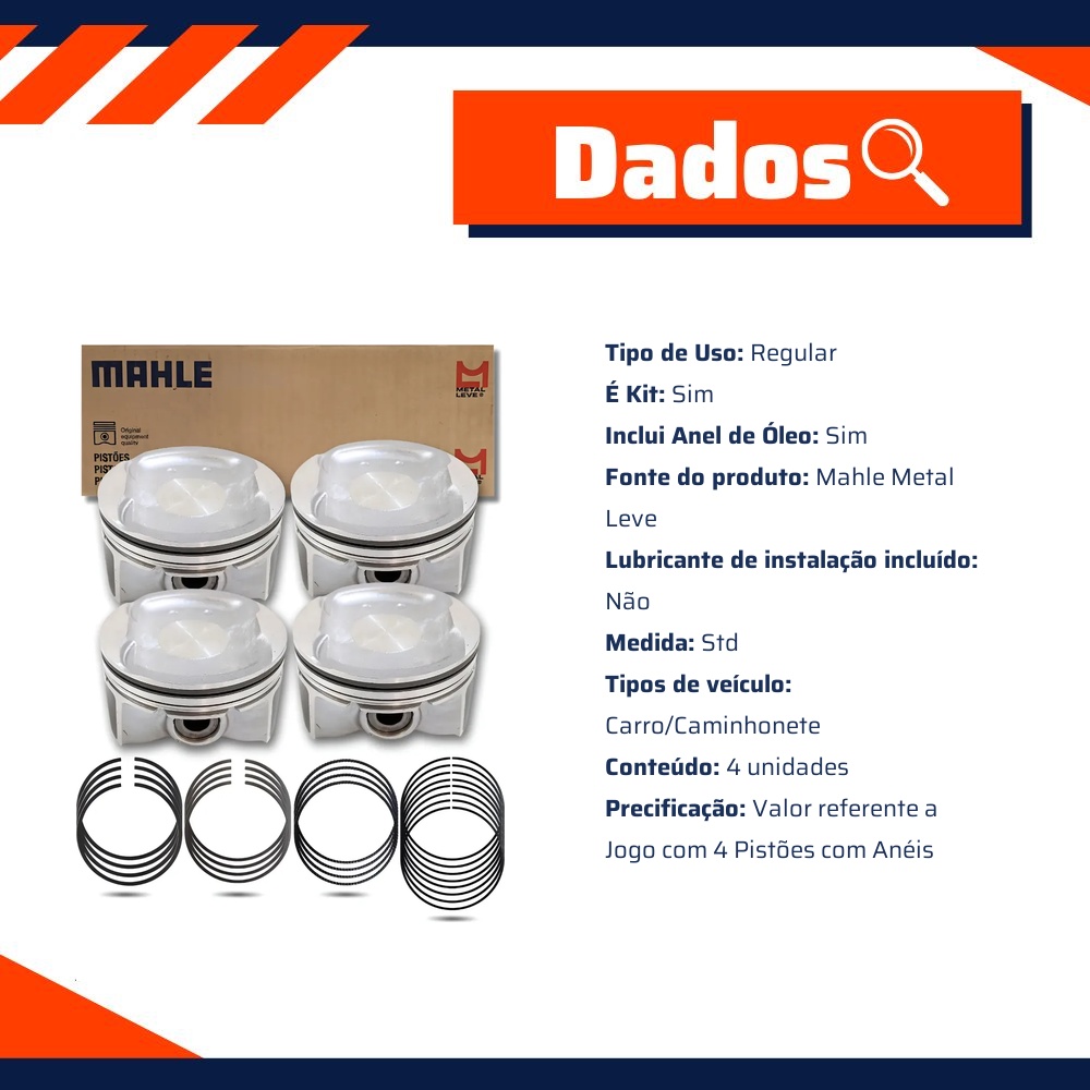 Jogo com 4 Pistões com Anéis STD para Nissan Sentra e Renault Fluence - Mahle Metal Leve - P&A9774 STD