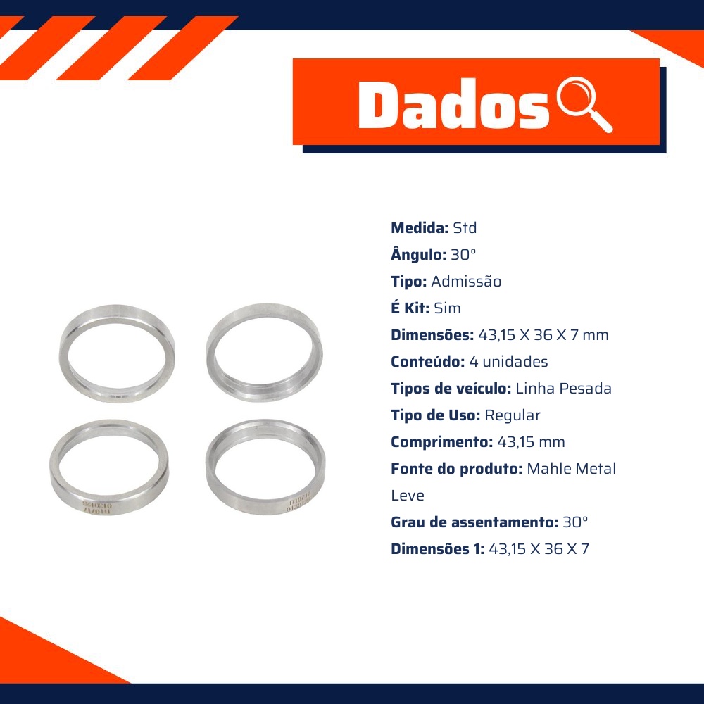 4 Sede de Válvula de Admissão Std - Mahle Metal Leve - SA0130128 STD