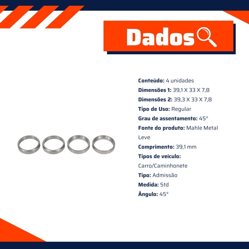 4 Sede de Válvula de Admissão Std - Mahle Metal Leve - SA0700124 STD