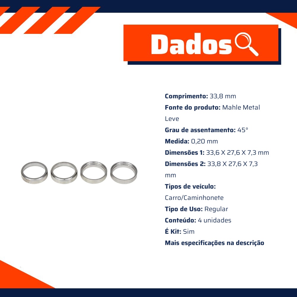 4 Sede de Válvula de Escape 0,20 - Mahle Metal Leve - SE0700126 0,20