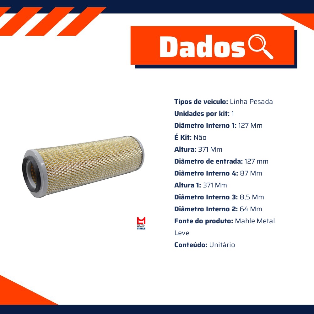 Filtro de Ar para Agrale 1600 D e 1600 TX - Mahle Metal Leve - LX1057