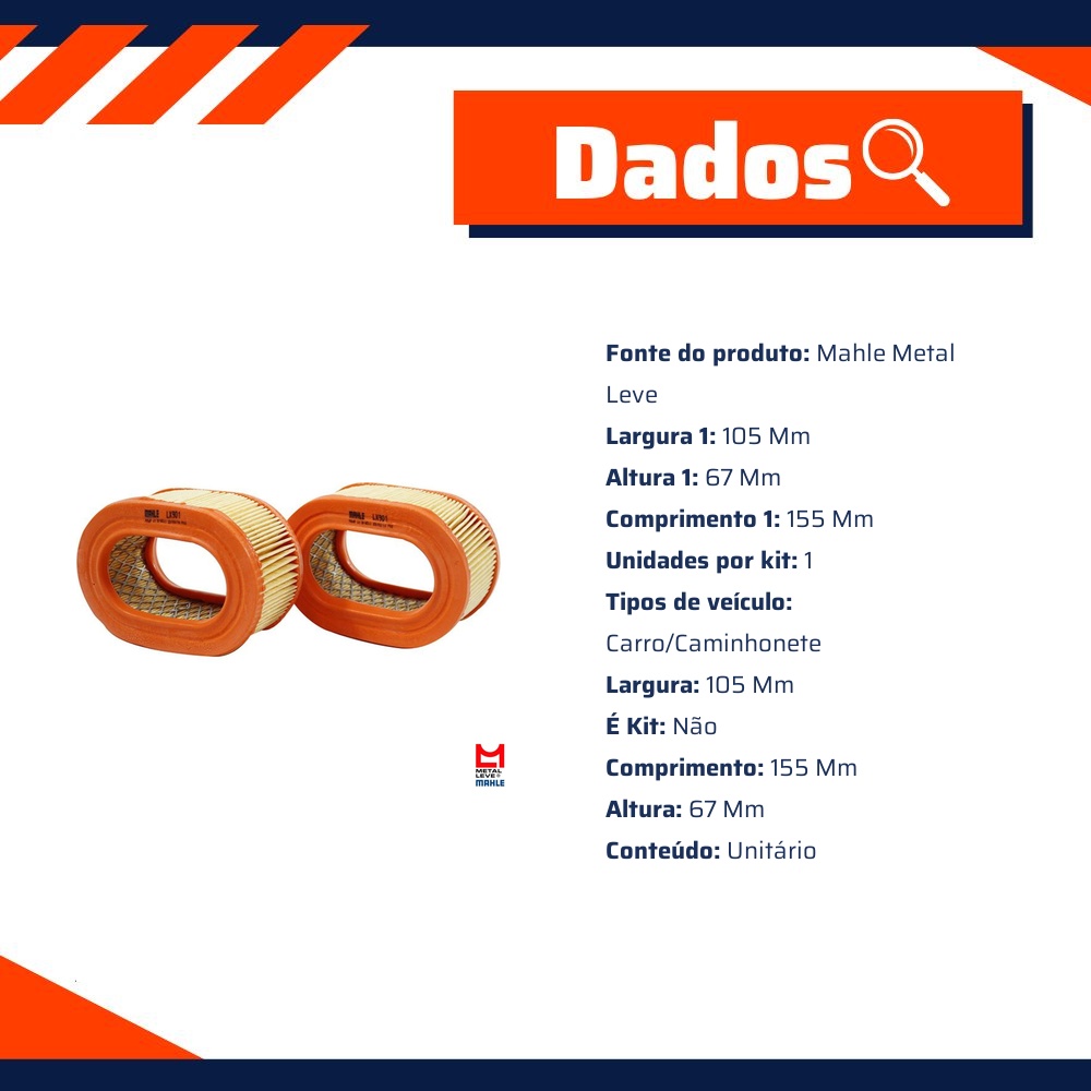 Filtro de Ar para Volkswagen Fusca - Mahle Metal Leve - LX901