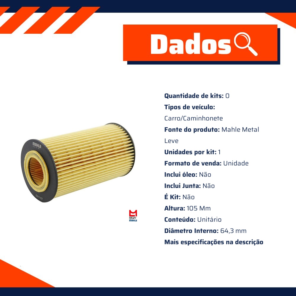 Filtro de Óleo Lubrificante - Mahle Metal Leve - OX1167D