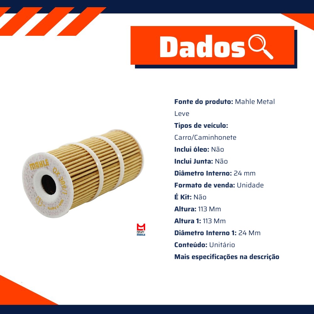 Filtro de Óleo Lubrificante - Mahle Metal Leve - OX389/1D