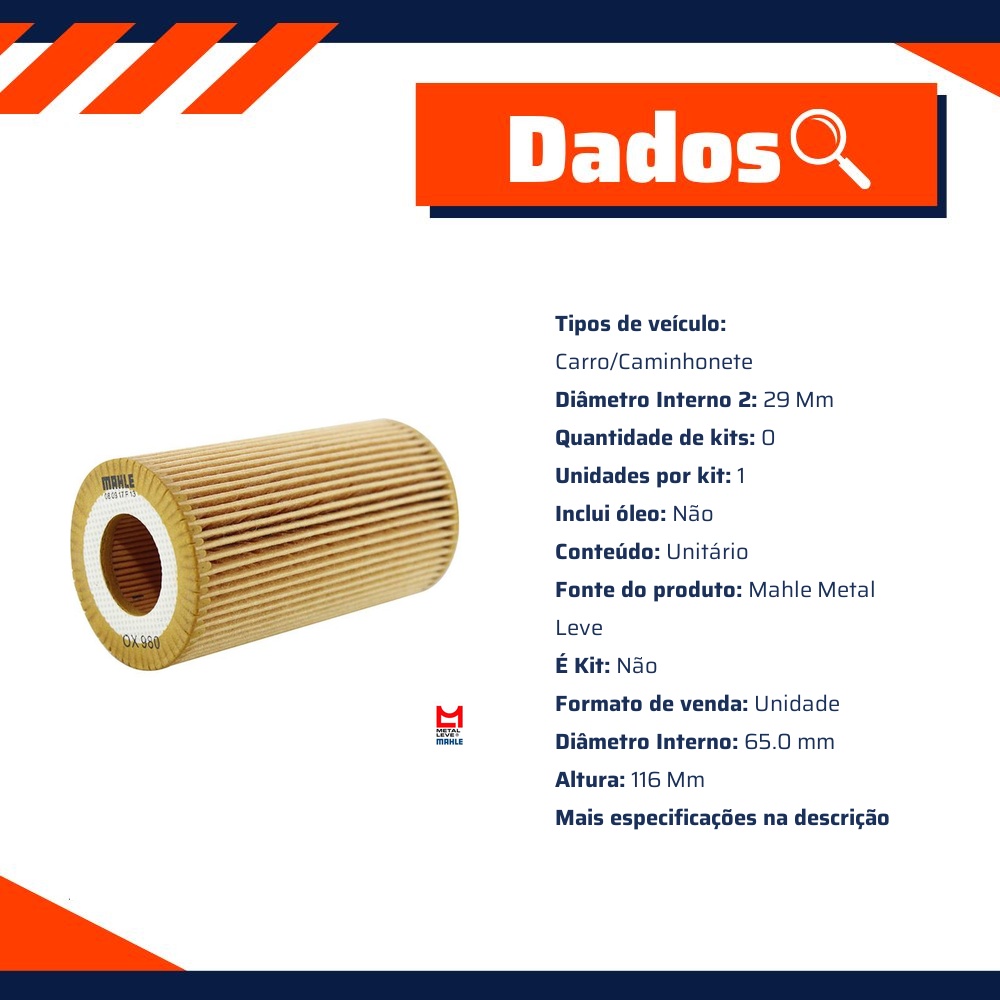 Filtro de Óleo Lubrificante - Mahle Metal Leve - OX980D3