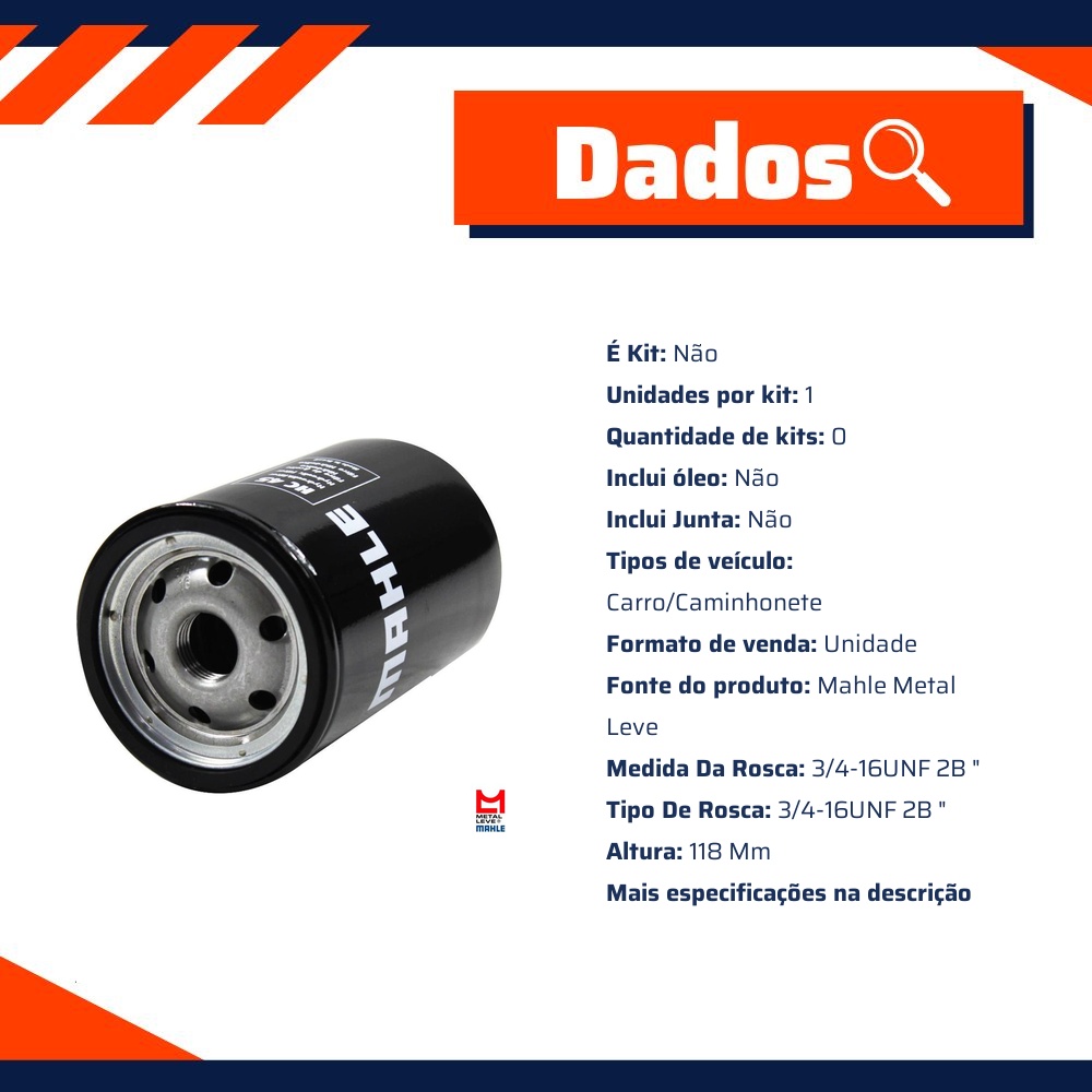Filtro Blindado de Óleo Hidráulico para Volkswagen Passat e VOYAGE - Mahle Metal Leve - HC45