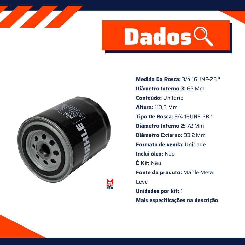 Filtro Blindado de Óleo Lubrificante - Mahle Metal Leve - OC261