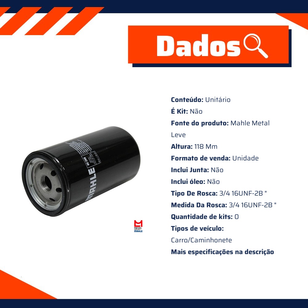 Filtro Blindado de Óleo Lubrificante - Mahle Metal Leve - OC266